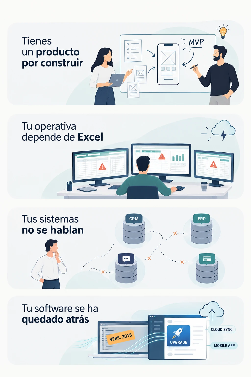 Situaciones habituales: un producto por construir, procesos que dependen de Excel, sistemas desconectados y software que necesita modernizarse